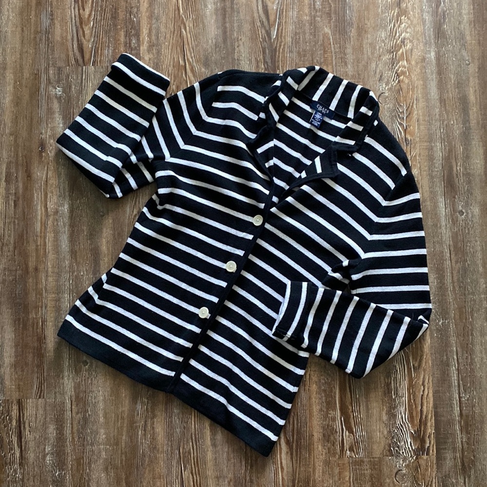 Chaps Black & White Striped Buttoned 100% Cotton Sweater Jacket